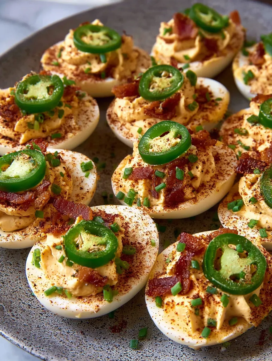 A plate of smocked deviled eggs with bacon and jalapenos.
