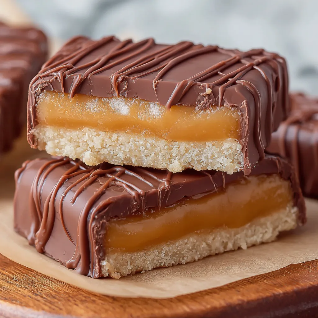 A chocolate bar with caramel and nuts.