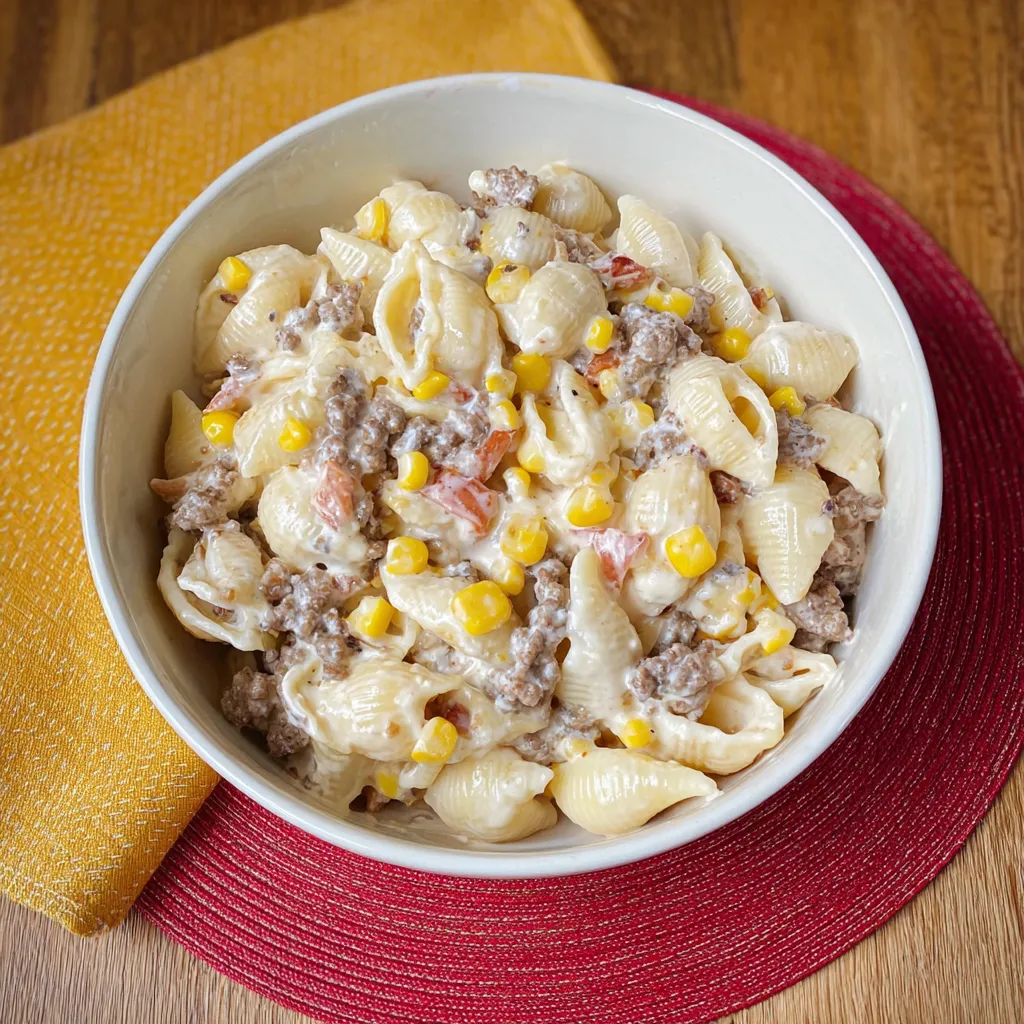 A bowl of pasta with meat and corn.