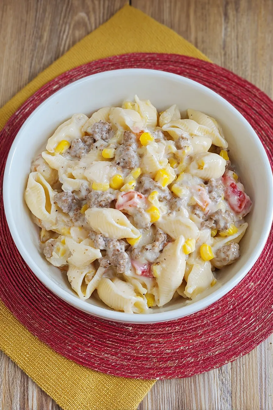 A bowl of pasta with meat and corn.