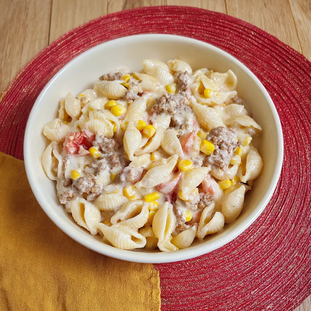 A bowl of pasta with meat and tomatoes.