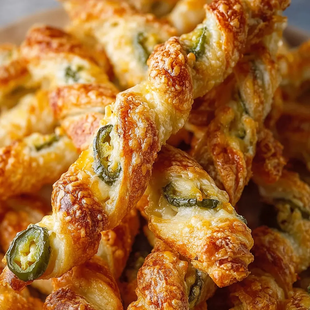 A close up of a pile of breadsticks with jalapenos.
