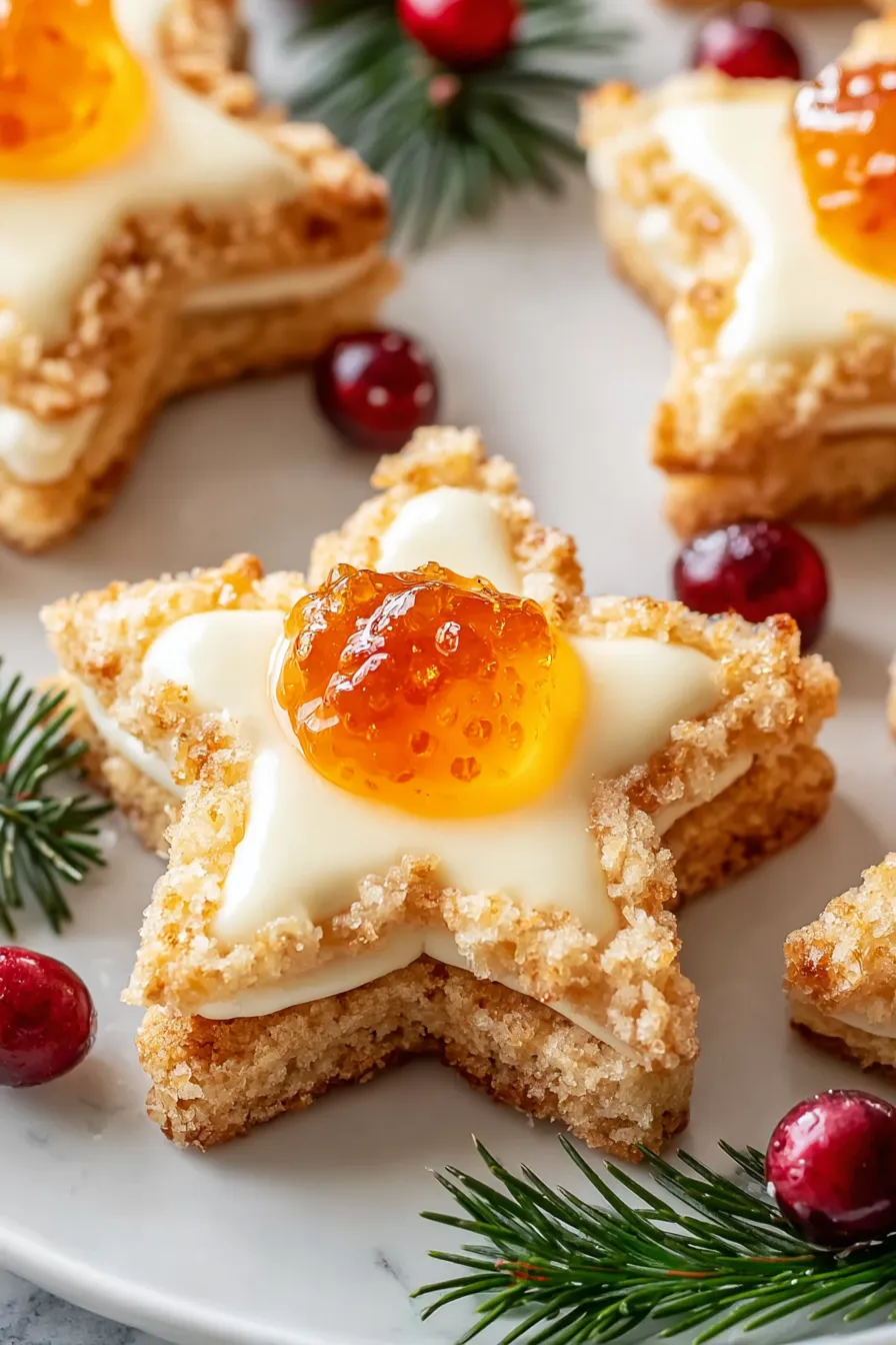 A plate of star shaped cookies with jelly in the middle.