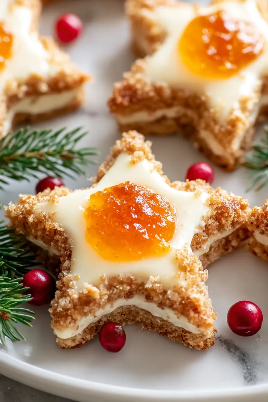 A plate of star shaped cookies with jelly in the center.