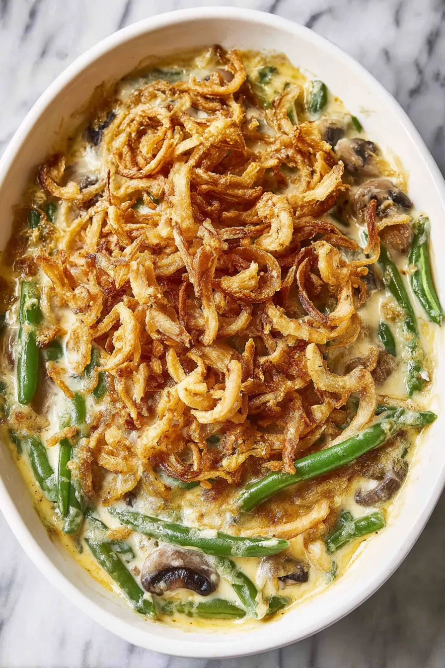 A bowl of food with onion rings and mushrooms.