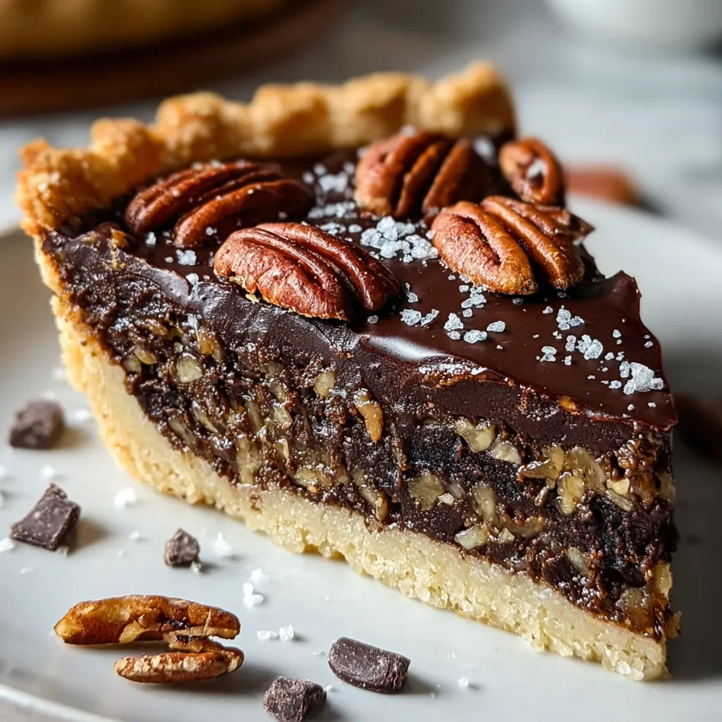 A slice of pie with chocolate and nuts.