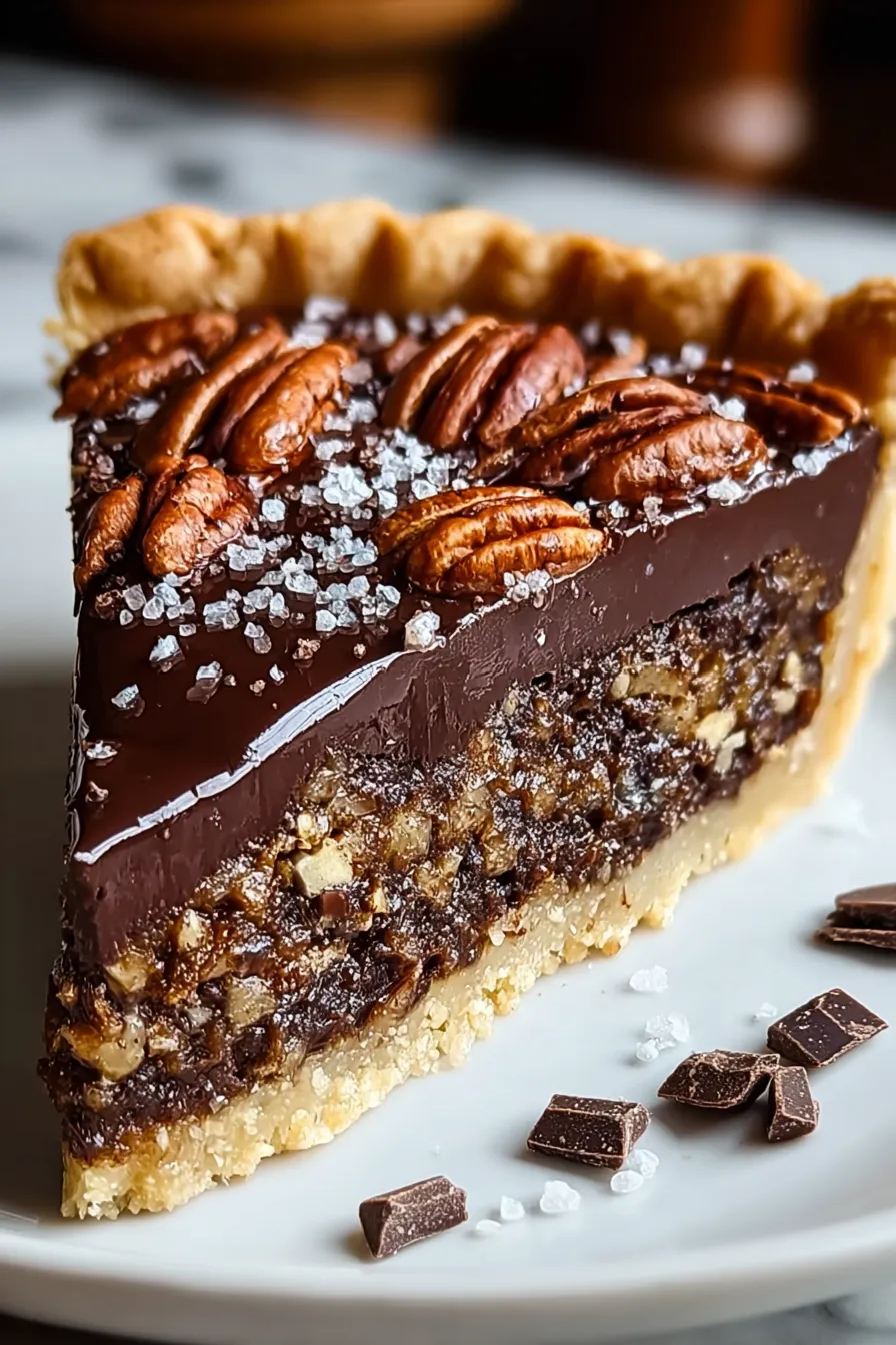 A slice of chocolate pie with pecans.