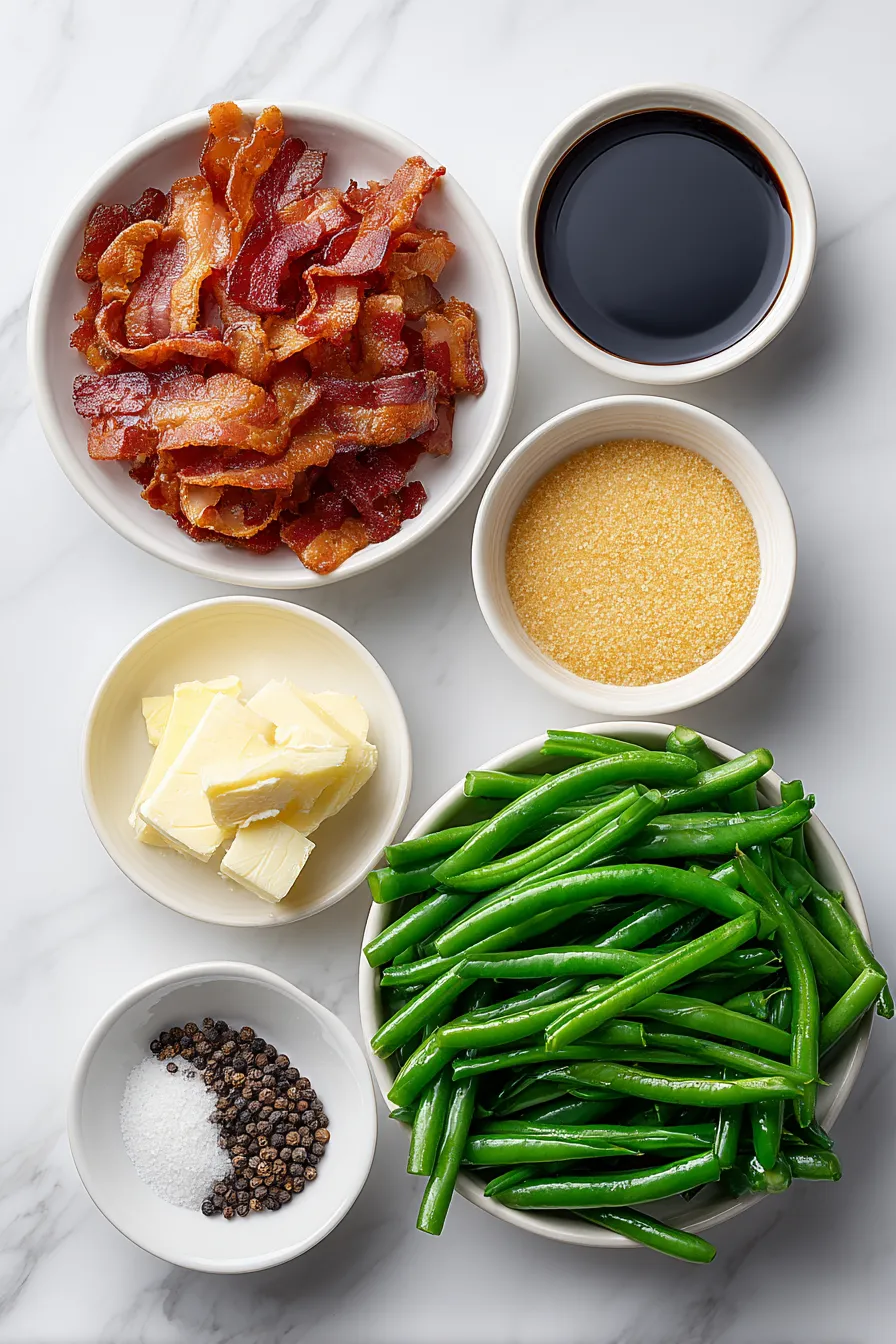A bowl of bacon and a bowl of green beans.