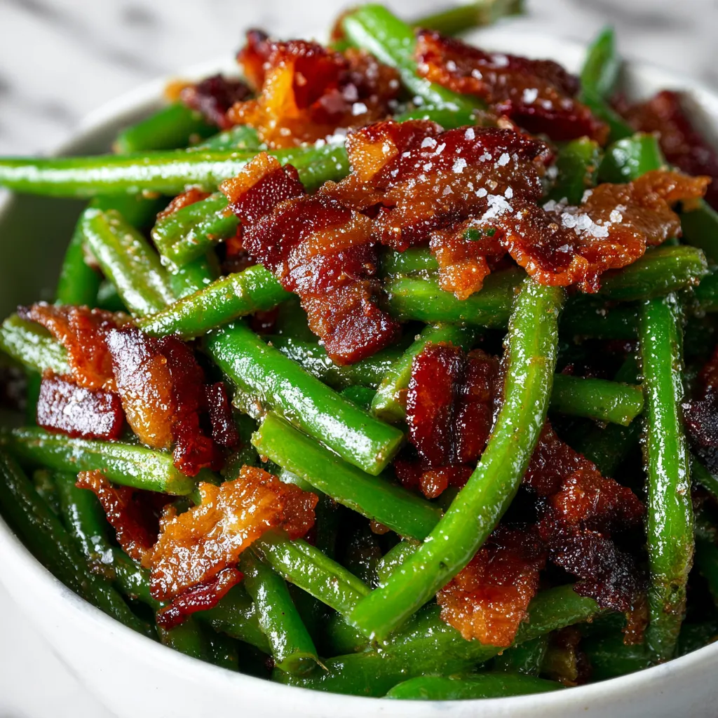 A bowl of bacon and green beans.