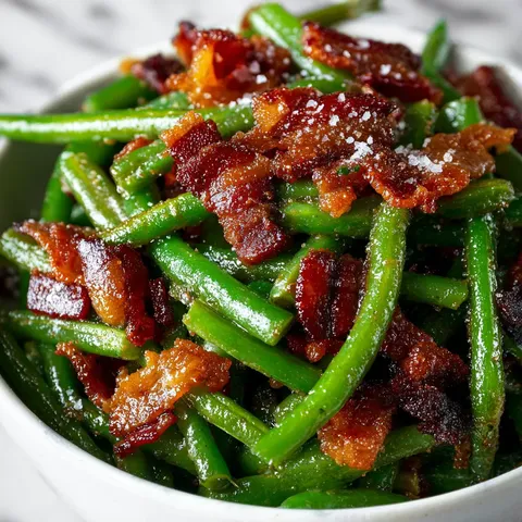 A bowl of bacon and green beans.