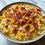 A bowl of bacon and corn.