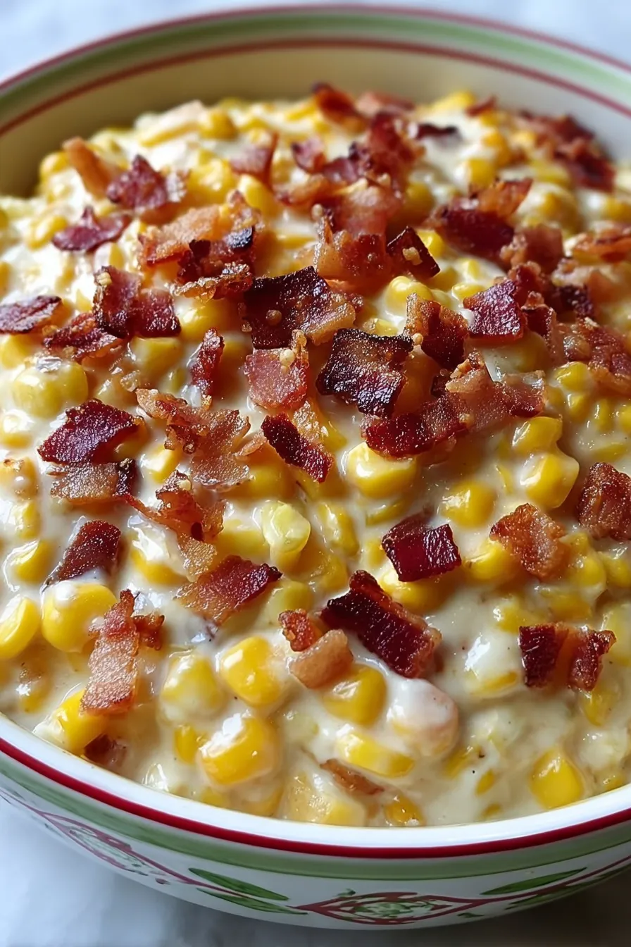 A bowl of bacon and corn.