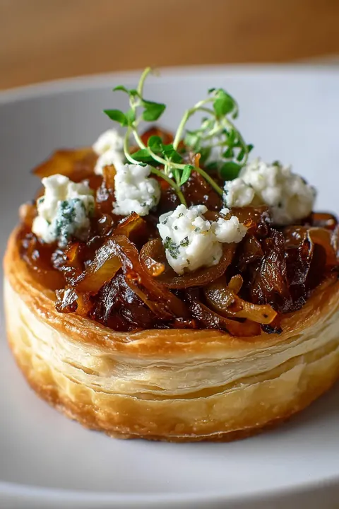 A pastry with cheese and onions on top.