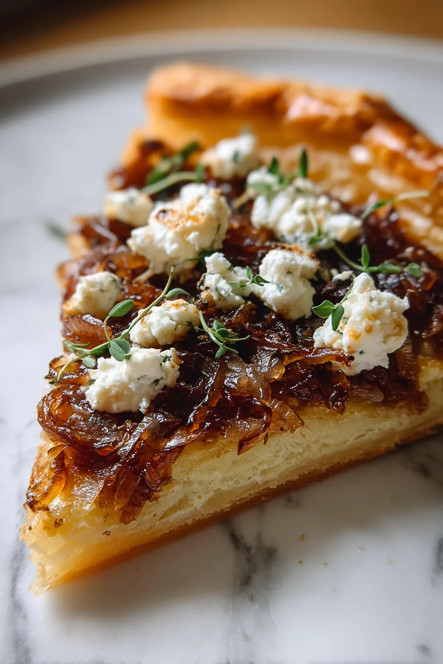 A slice of pizza with cheese and onions.