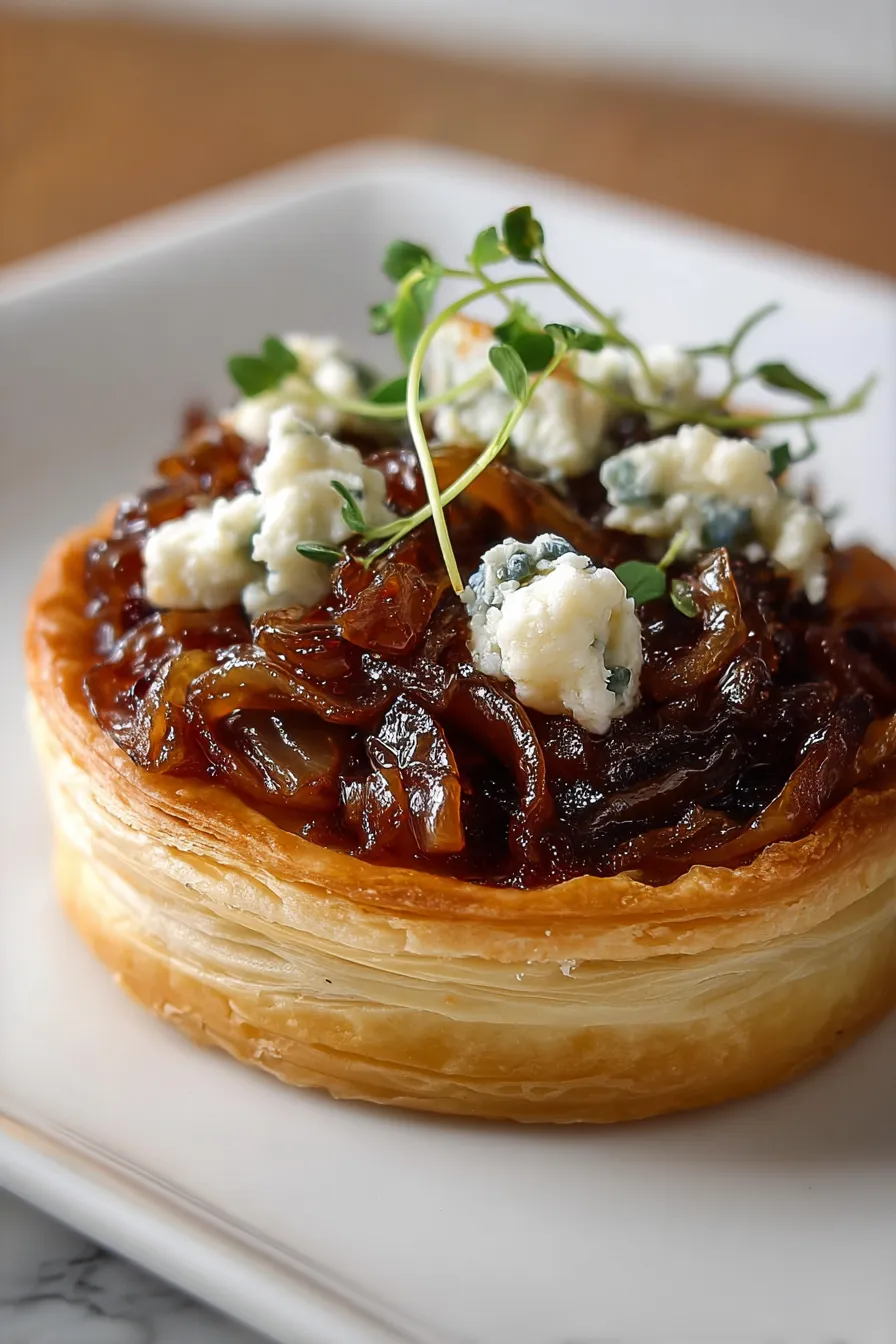 A pastry with blue cheese and onions on top.