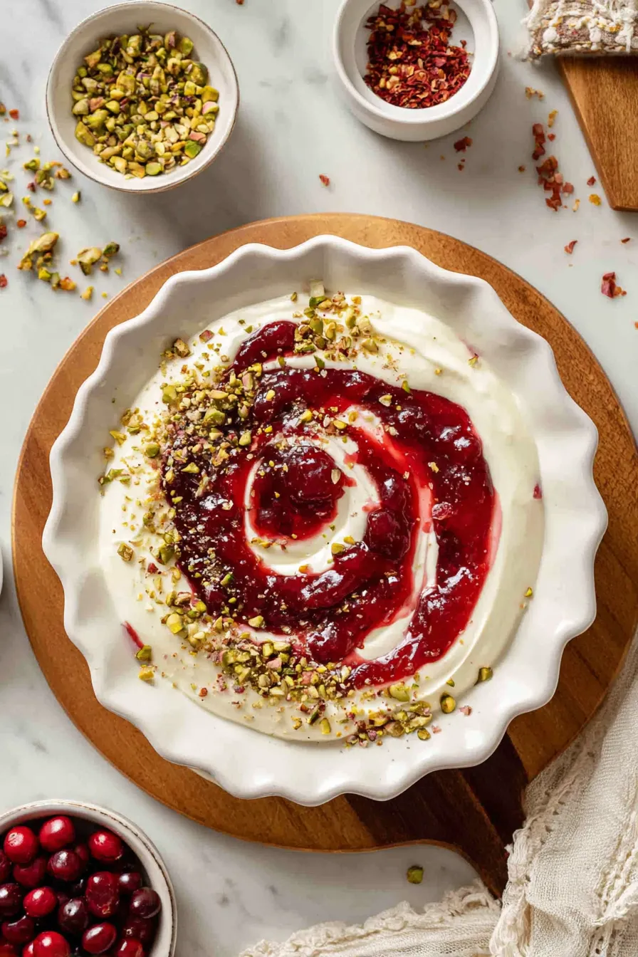 A white bowl with a red sauce and nuts.