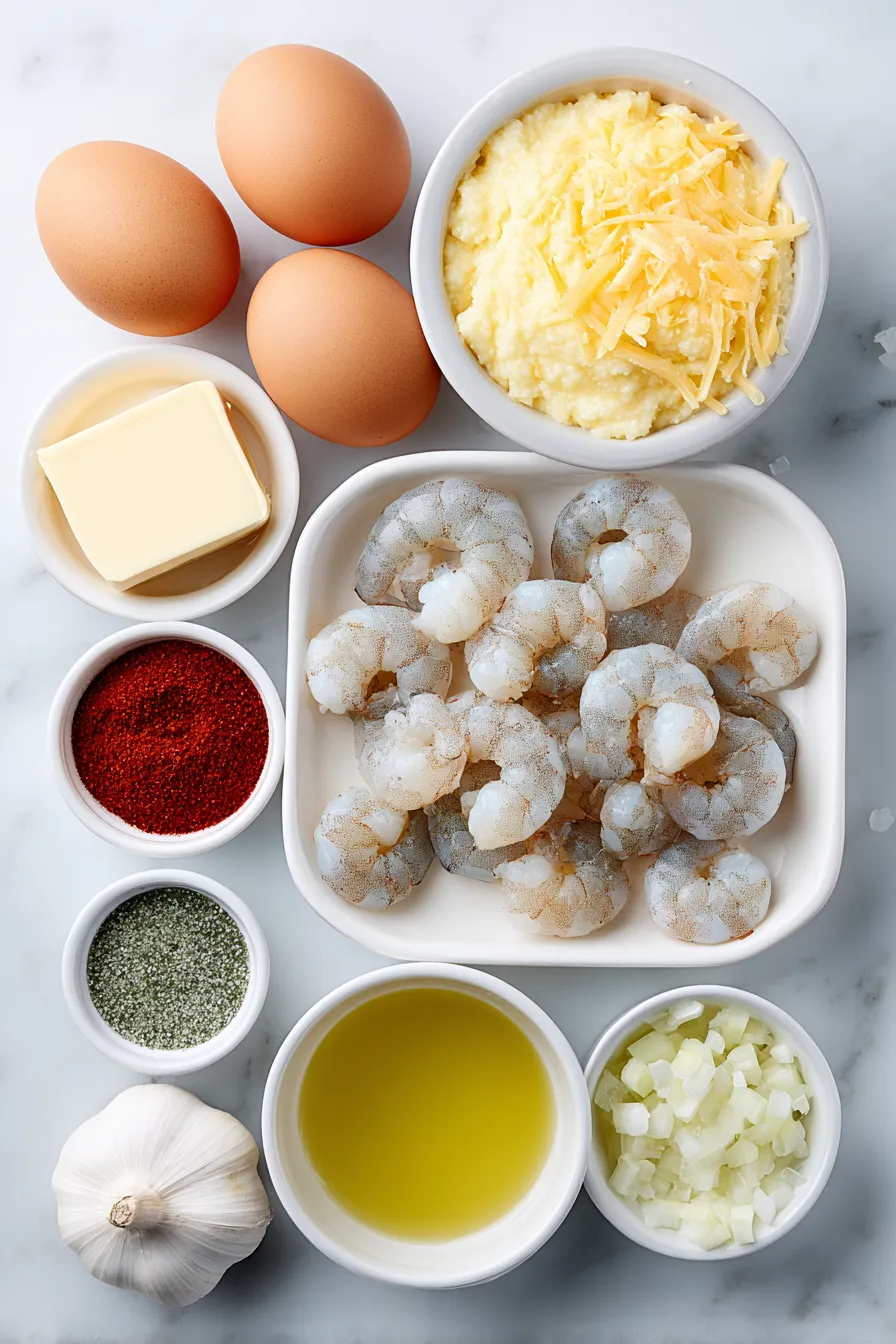 A bowl of shrimp sits on a table with other ingredients.
