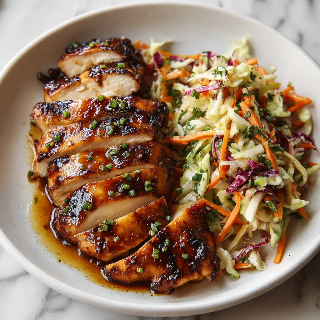 A plate of food with chicken and coleslaw.
