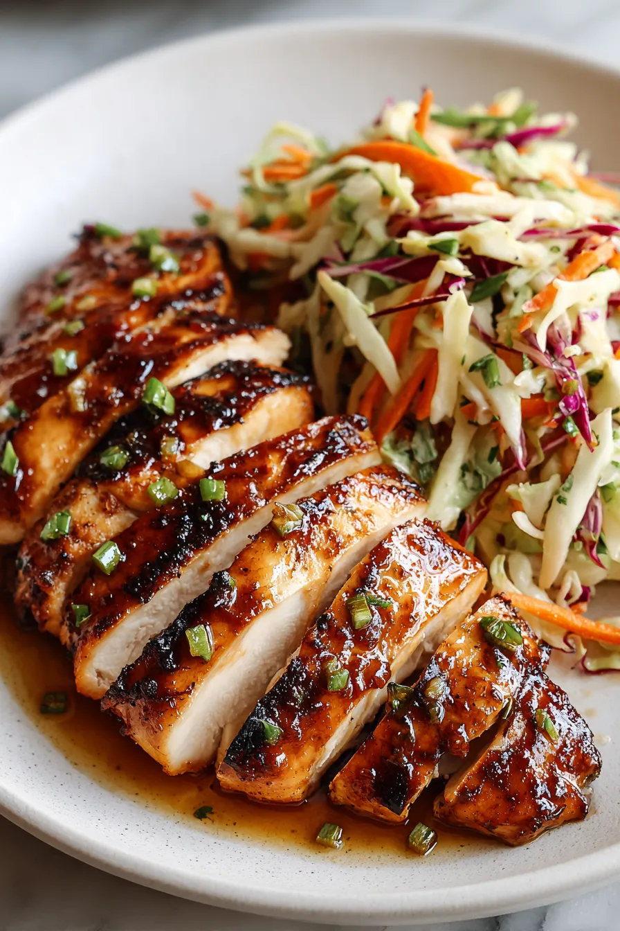 A plate of food with chicken and coleslaw.