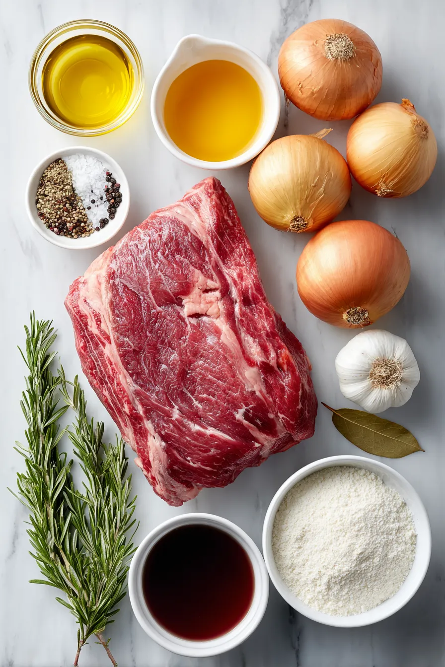 A raw steak is on a table with various seasonings and vegetables.