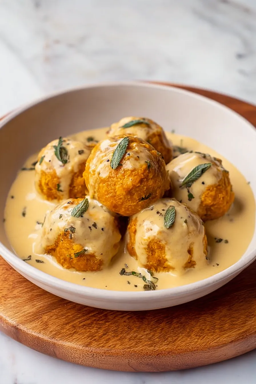 A bowl of food with a sauce on top.