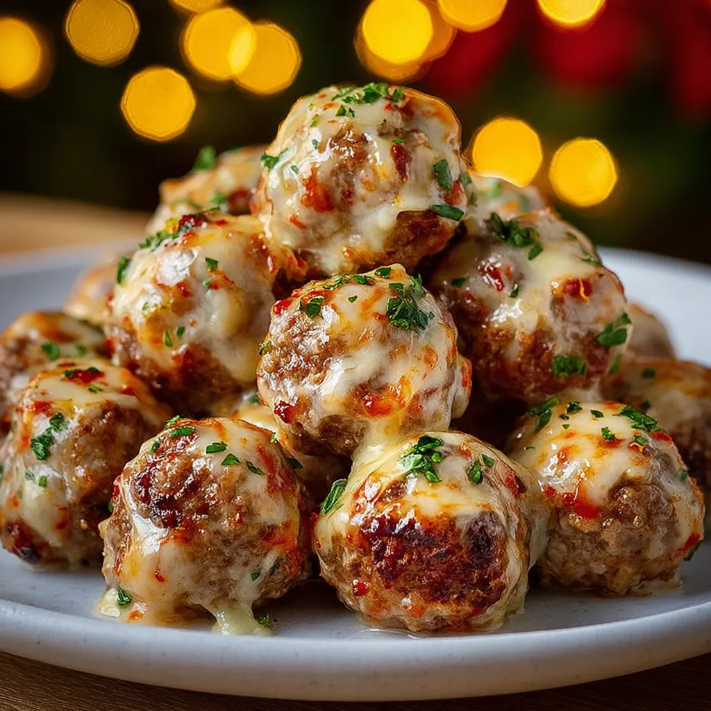 A plate of meatballs with cheese on top.