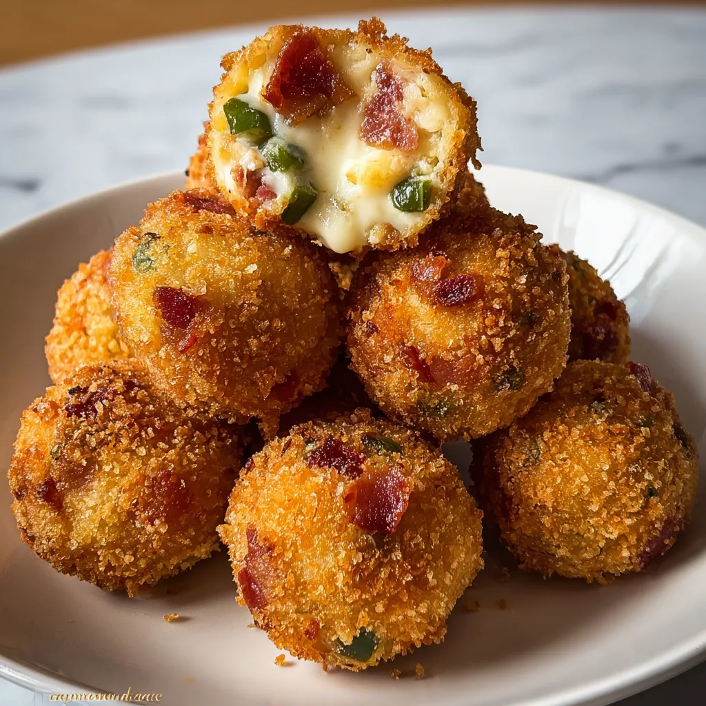A plate of food with a cheese covered bacon ball on top.