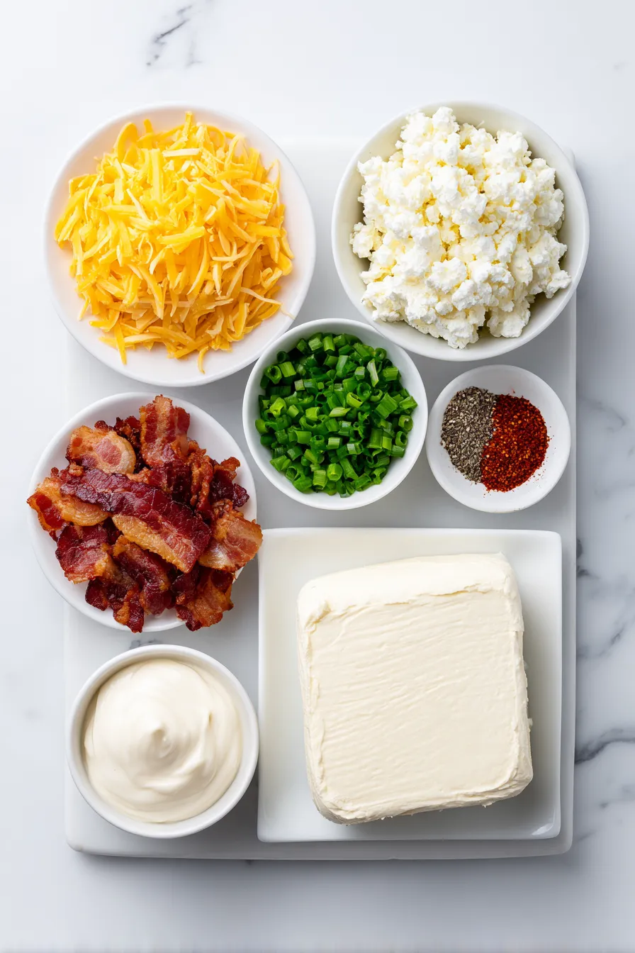 A tray of food with cheese, bacon, and other ingredients.