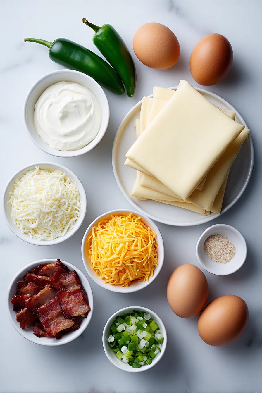 A plate of food with cheese, eggs, and bacon.