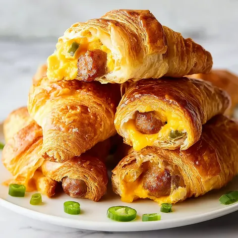 A plate of croissants with cheese and sausage.