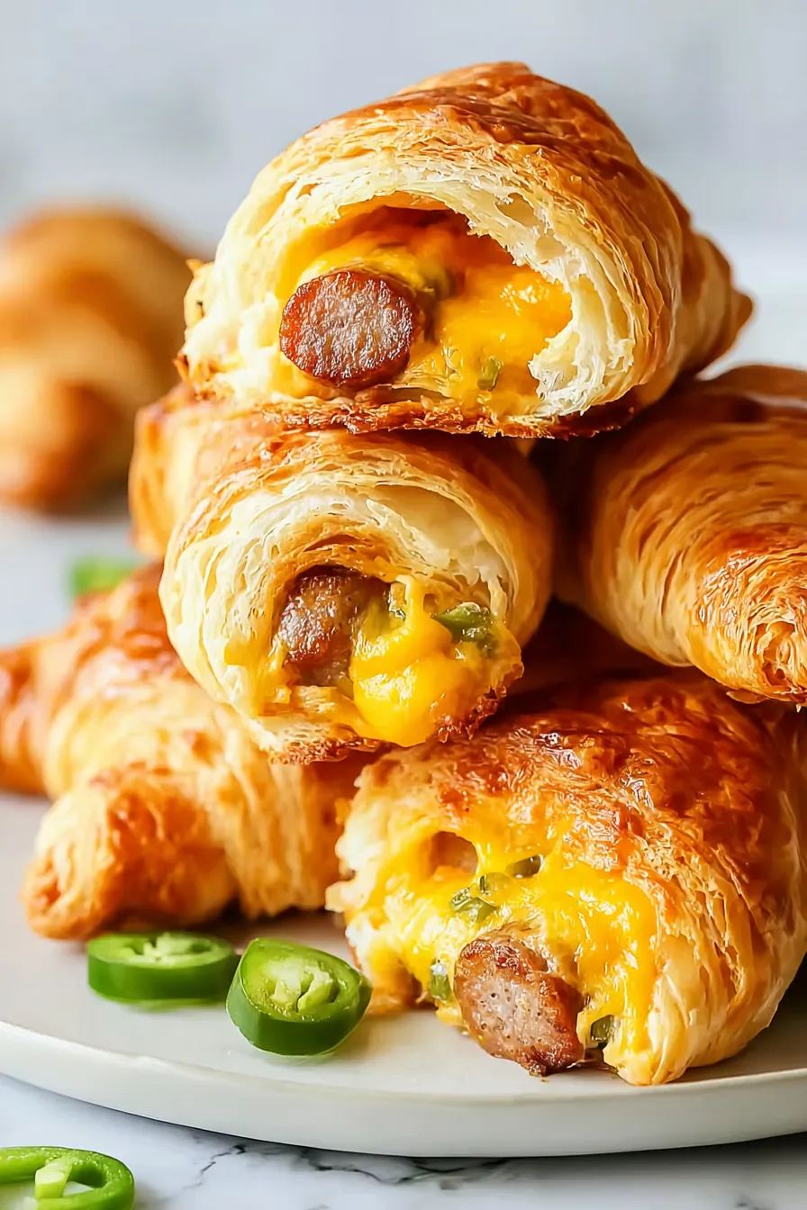 A stack of croissants with cheese and sausage inside.