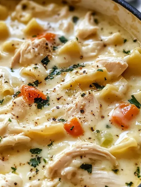 A bowl of soup with chicken and vegetables.