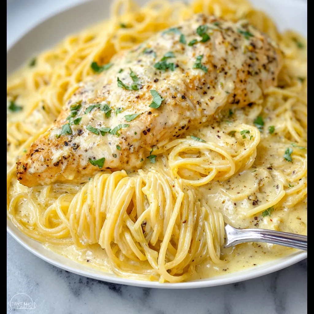 A plate of spaghetti with chicken and herbs.
