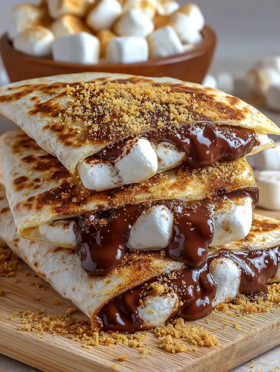 A stack of burritos with chocolate sauce on top.