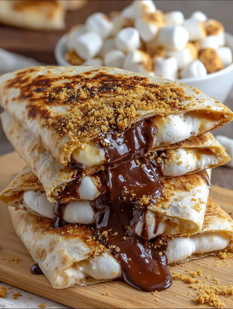 A stack of burritos with chocolate sauce drizzled on them.