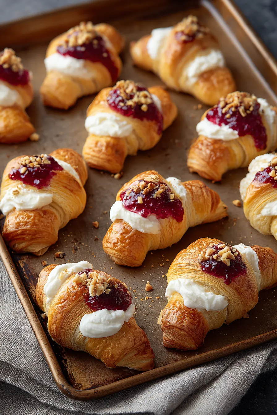 A tray of croissants with jam and cream.