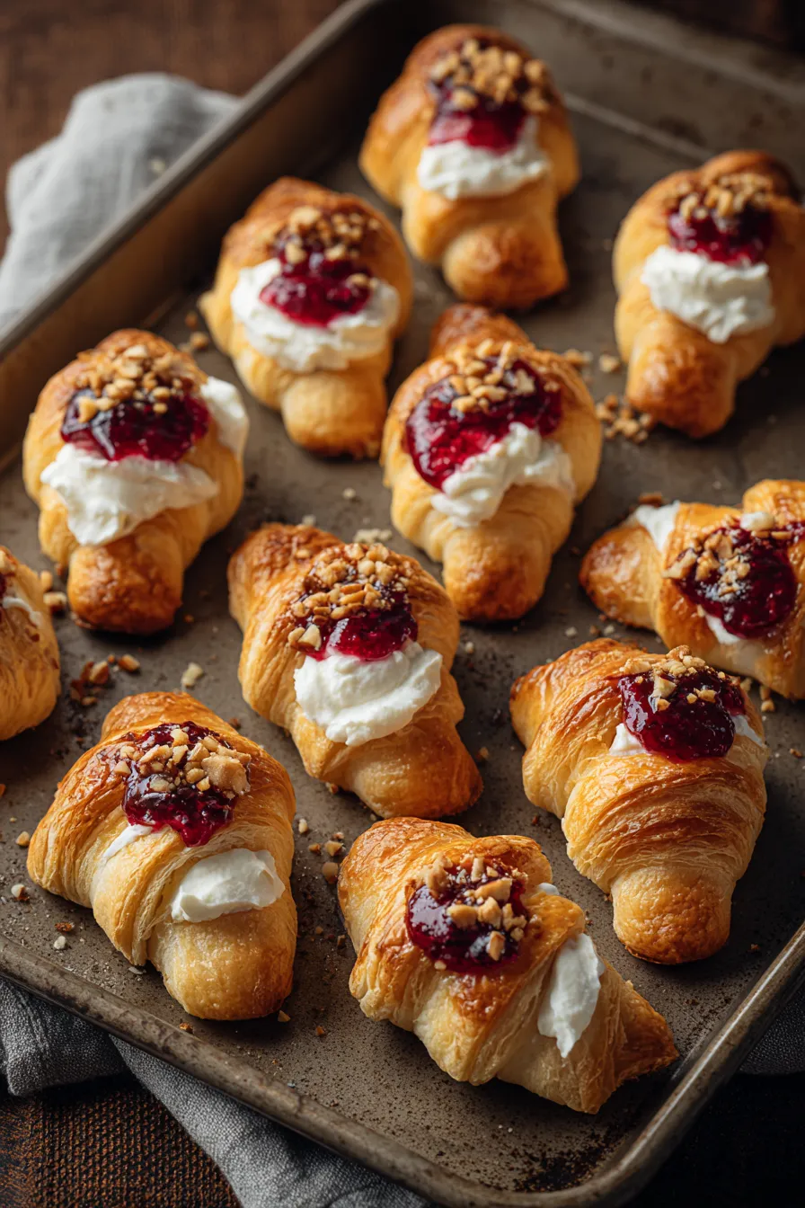 A tray of pastries with jelly and cream.