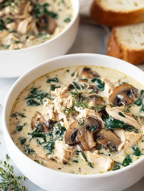 A bowl of soup with mushrooms and chicken.