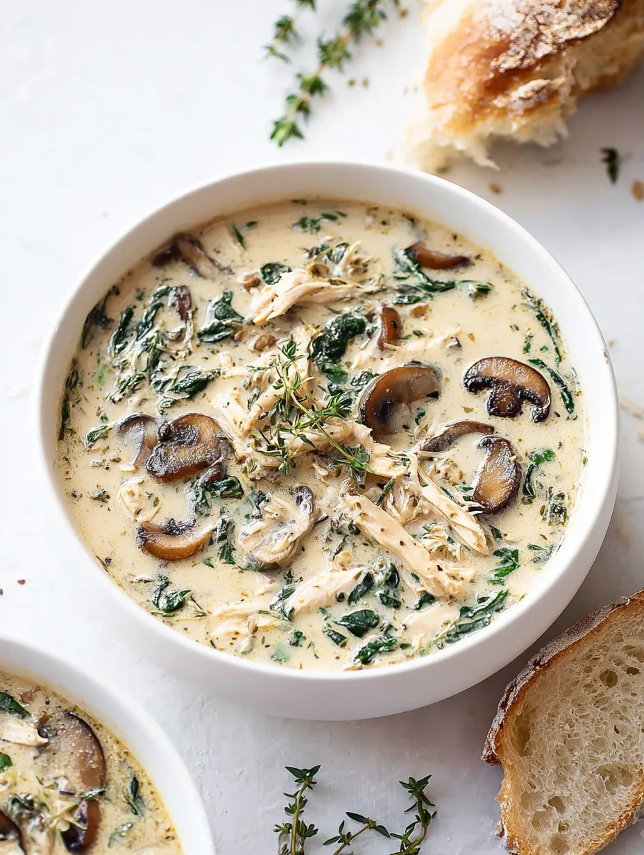 A bowl of soup with mushrooms and chicken.