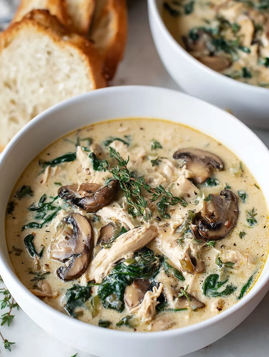 A bowl of soup with mushrooms and yummy chicken.