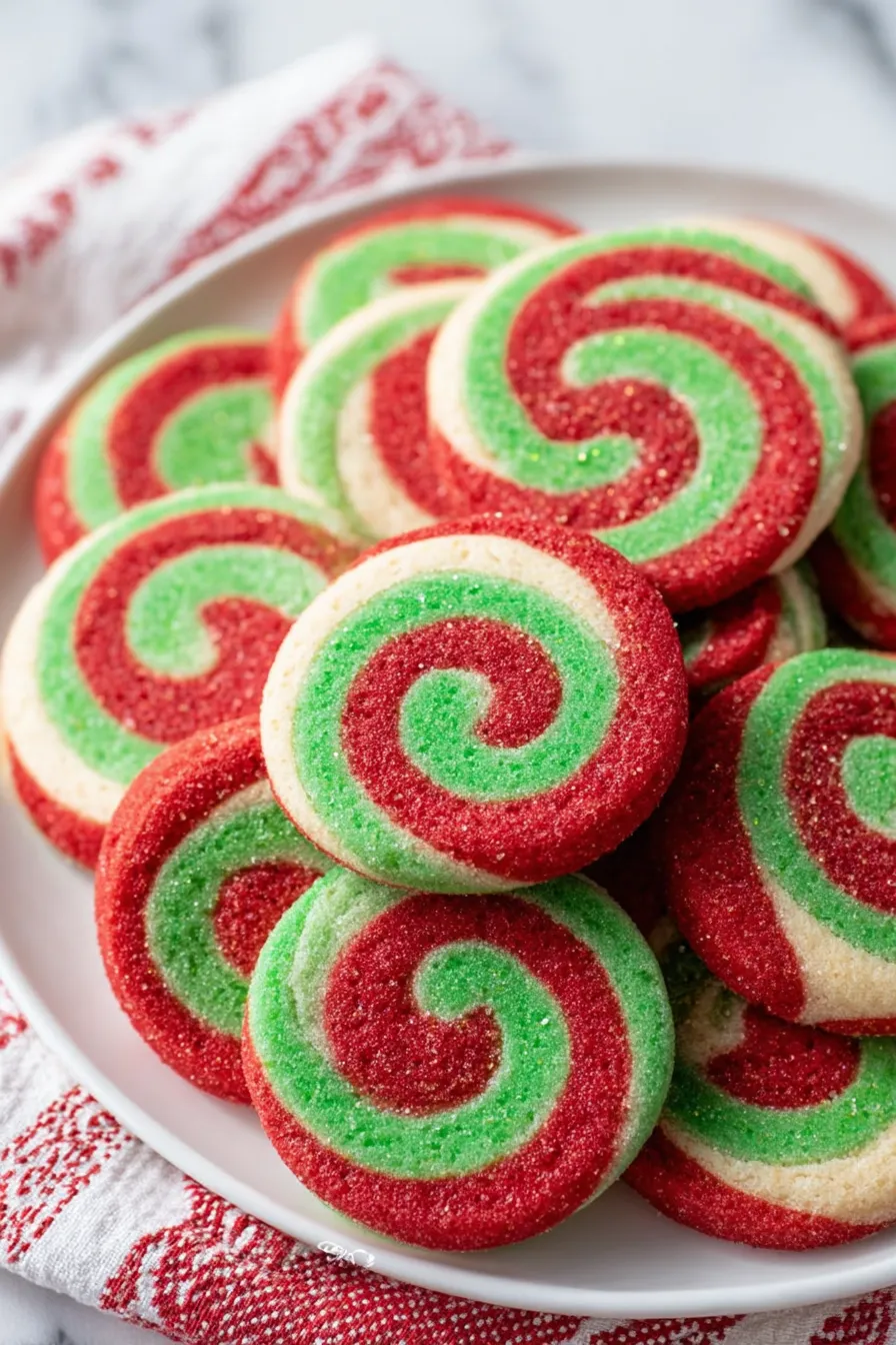 A plate of red, white and green cookies.