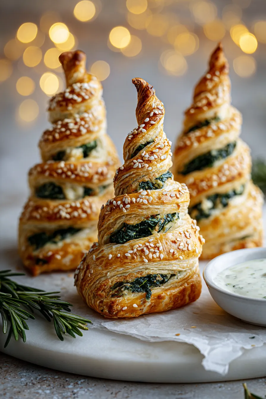 Three pastries with green toppings on a table.