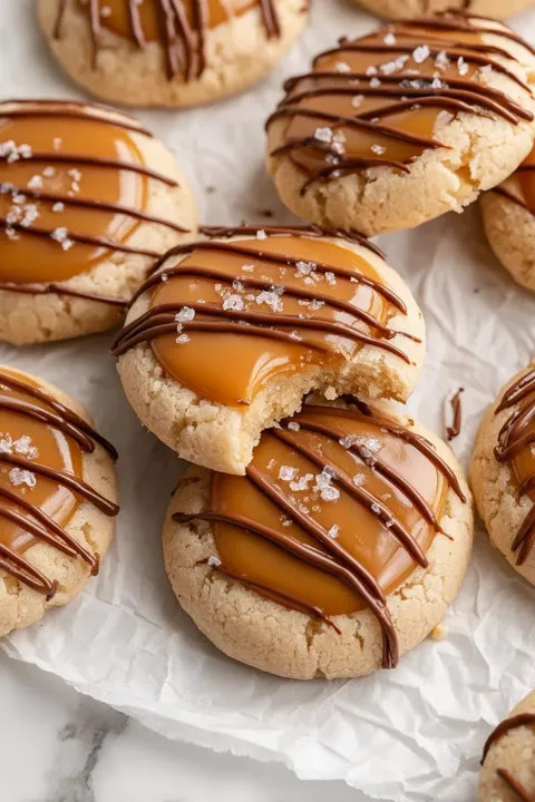 A cookie with chocolate and caramel topping.