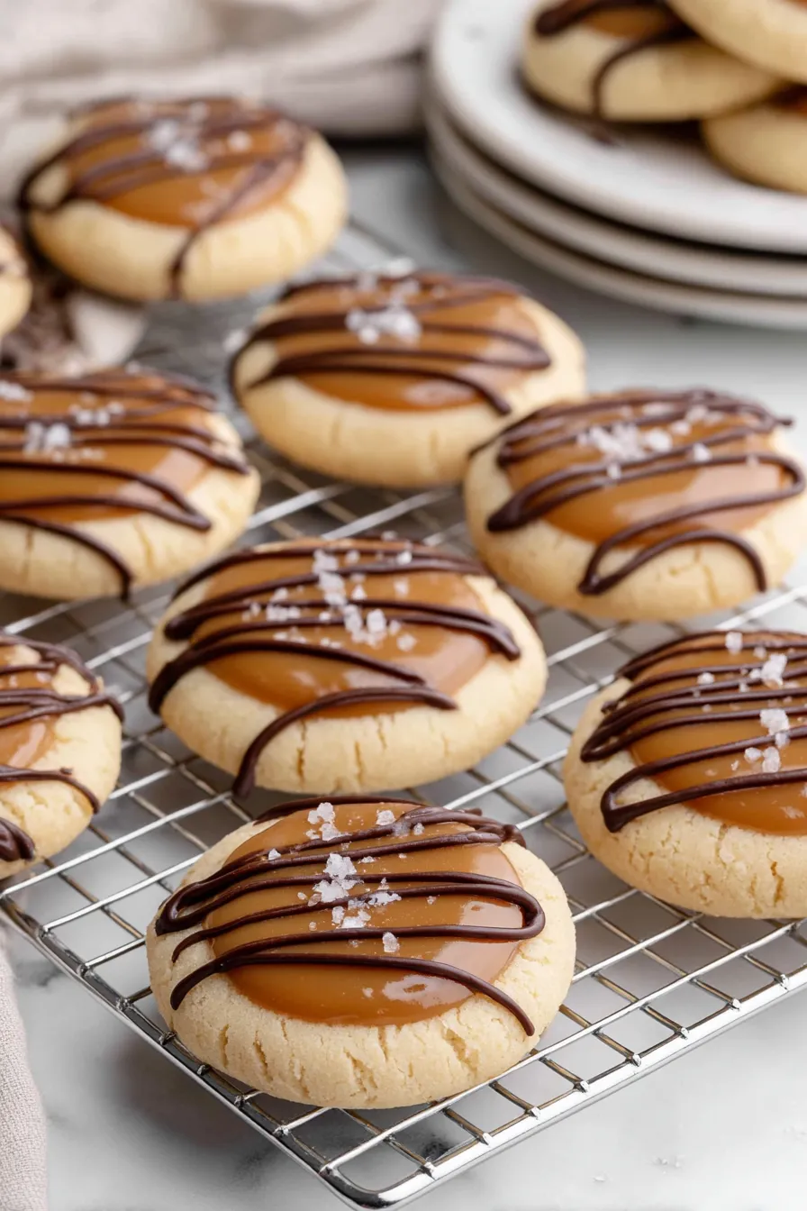 A tray of cookies with chocolate and caramel drizzles.