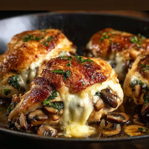 A plate of chicken with mushrooms and cheese.