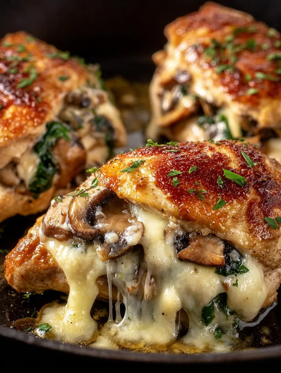 Mushrooms on a piece of chicken.