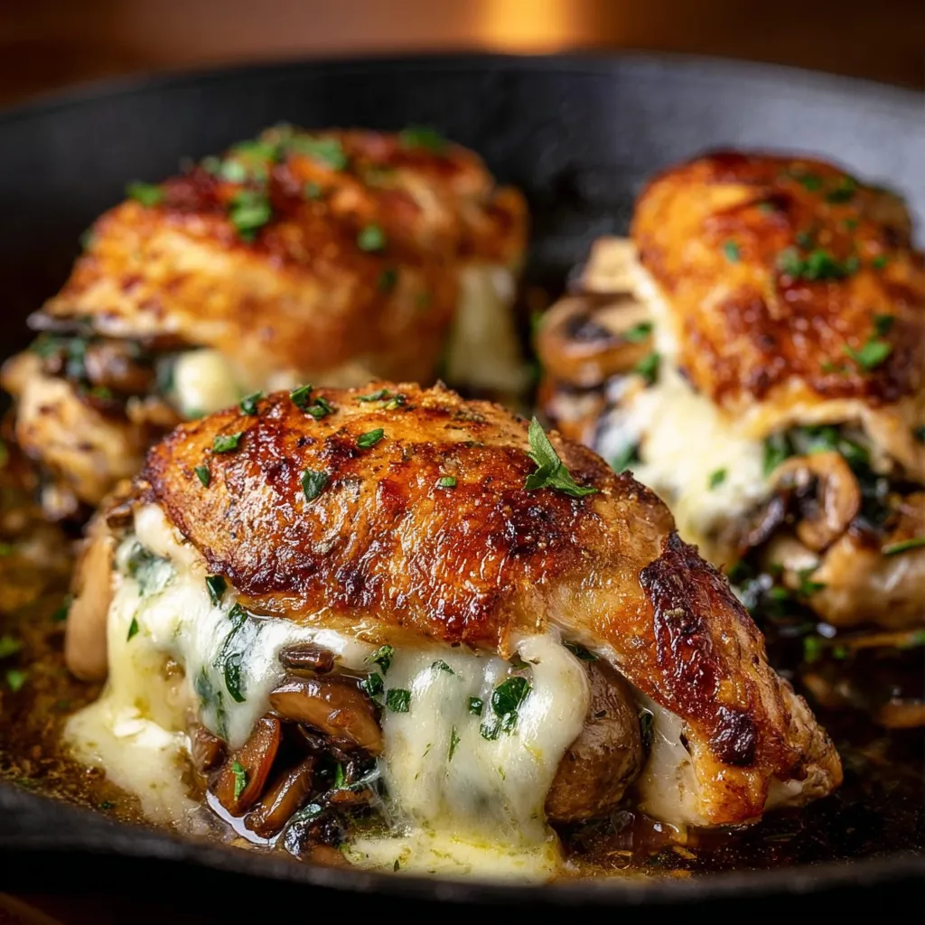 A pan of chicken with mushrooms and cheese.