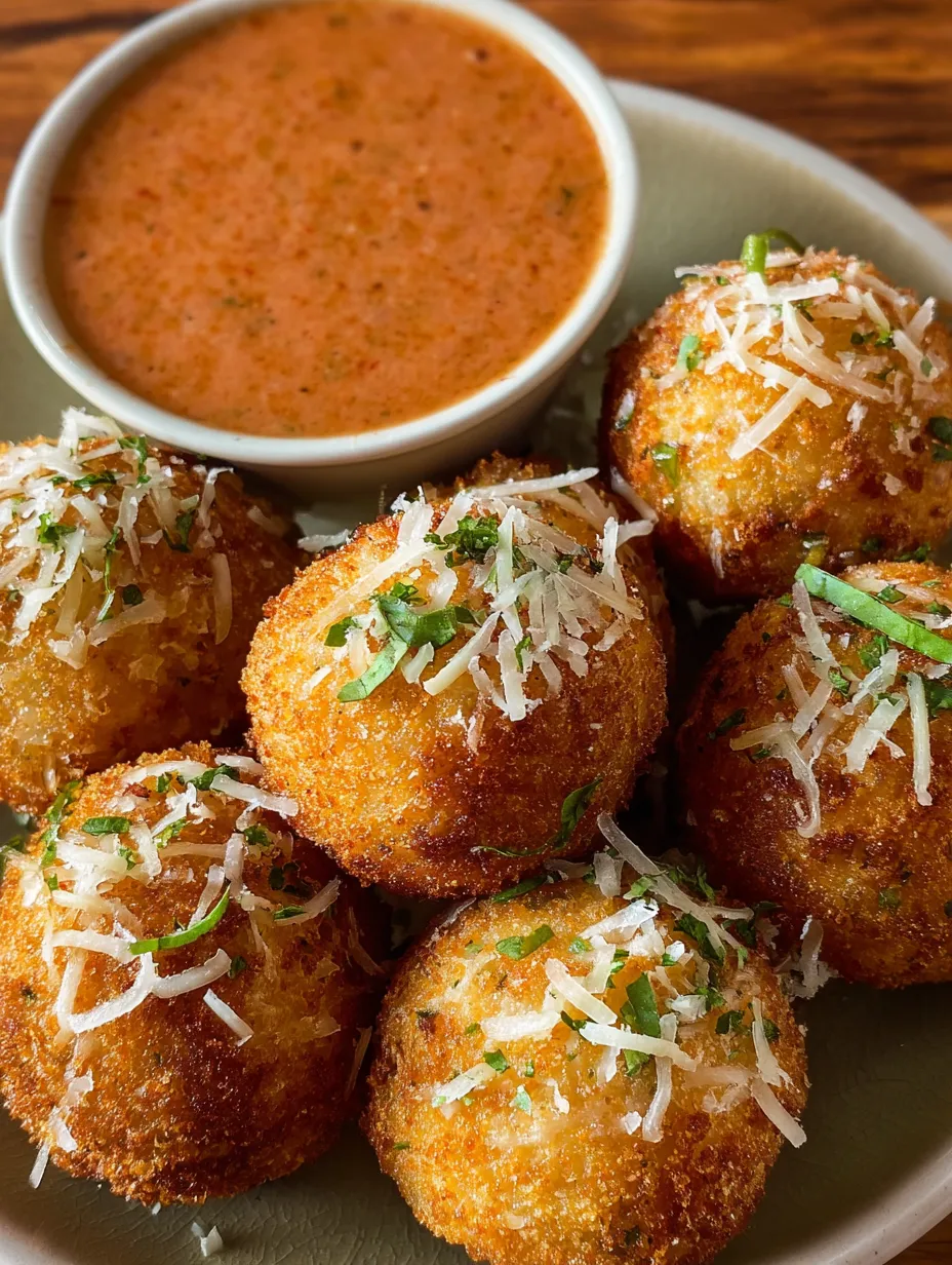 A bowl of cheese balls with a dipping sauce.