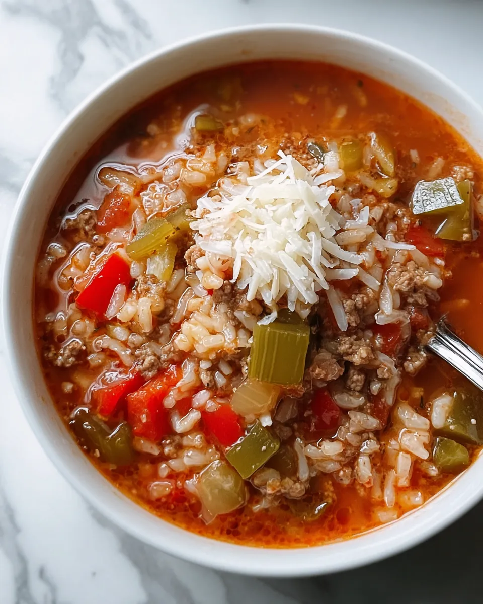 A bowl of soup with rice and meat.