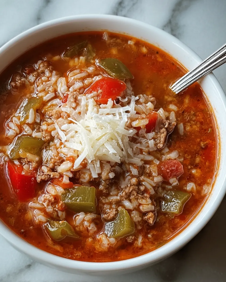 A bowl of soup with rice, tomatoes, and cheese.